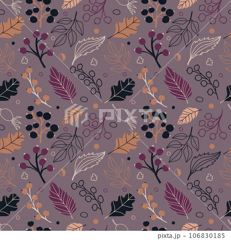 Vector seamless pattern with leaves and berries in cozy colors. hand drawn vector background for scrapbooking, textile or book covers, wallpapers, design, graphic art, printing, hobby, invitation. 106830185
