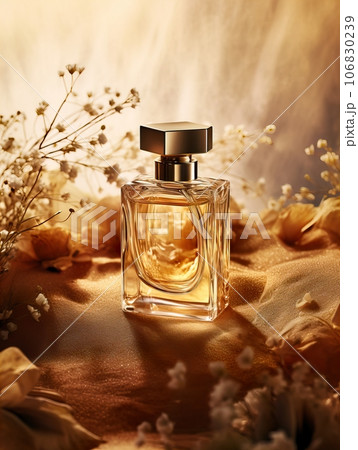 Luxurious perfume bottle mockup, exquisite perfume commercial with natural light and rich rextures in studio background, beauty product container 106830239