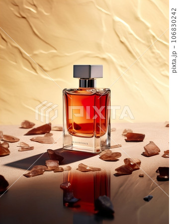Luxurious perfume bottle mockup, exquisite perfume commercial with natural light and rich rextures in studio background, beauty product container 106830242