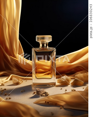 Luxurious perfume bottle mockup, exquisite perfume commercial with natural light and rich rextures in studio background, beauty product container 106830243