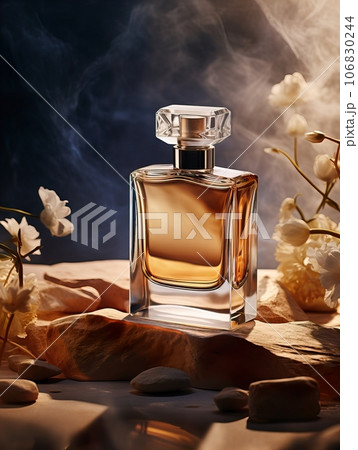 Luxurious perfume bottle mockup, exquisite perfume commercial with natural light and rich rextures in studio background, beauty product container 106830244