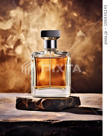 Luxurious perfume bottle mockup, exquisite perfume commercial with natural light and rich rextures in studio background, beauty product container 106830245