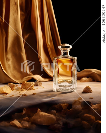 Luxurious perfume bottle mockup, exquisite perfume commercial with natural light and rich rextures in studio background, beauty product container 106830247