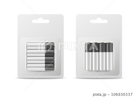 Vector 3d Realistic Four Alkaline Battery in Paper Bliste Icon Set Closeup Isolated. AA Size, Horizontal and Vertical Position. Design Template for Branding, Mockup 106830337