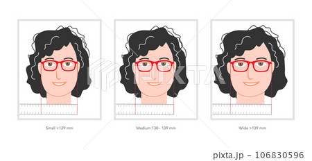 Set of size of width face character with ruler for order glasses. Flat modern cartoon style color trendy vector 106830596