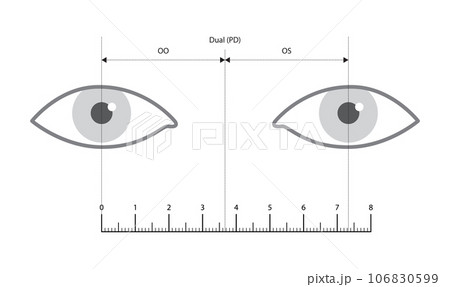 Pupillary distance measurement template with rule Eye frame glasses fashion accessory medical illustration. Optical  106830599