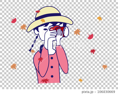 一個女孩用相機尋找秋葉和飄落的秋葉 106830669