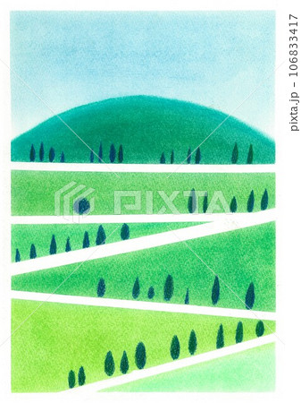 ソフトパステル画　ヴァル・ドルチャ　夏風景　手描き 106833417