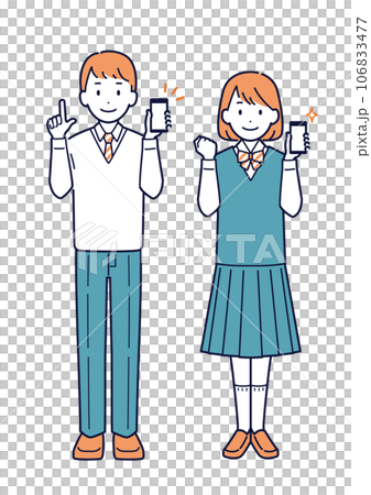 笑顔でスマホを持っている学生の男女＿全身 106833477