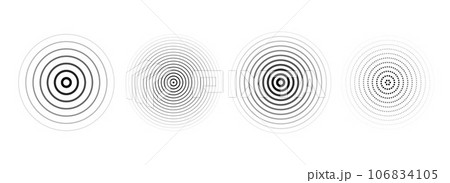 Black concentric ripple circles set. Dotted or linear sound wave rings collection. Epicenter, target, radar, sonar icon concept. Radial signal or vibration elements. Halftone vector illustration Black concentric ripple circles set. Dotted or linear sound wave rings collection. Epicenter, target, radar, sonar icon concept. Radial signal or vibration elements. Halftone vector illustration 106834105