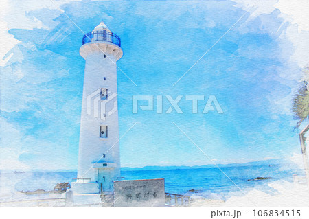 [知多郡]美浜町の野間崎灯台の水彩画 106834515