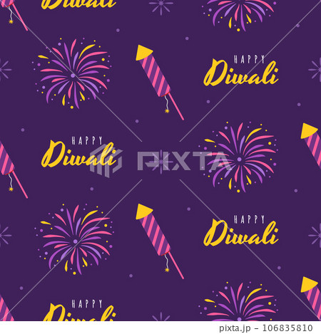 Diwali seamless pattern. Cute background for hindu holiday. Indian festival of lights. Vector illustration in flat cartoon style. Perfect for fabric, package paper, wallpaper, greeting cards Diwali seamless pattern. Cute background for hindu holiday. Indian festival of lights. Vector illustration in flat cartoon style. Perfect for fabric, package paper, wallpaper, greeting cards 106835810