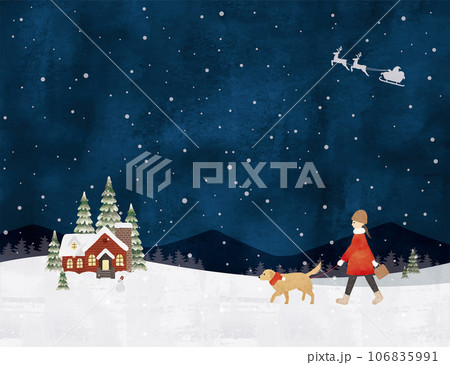 夜の雪のクリスマスに犬の散歩をする女性水彩画 106835991