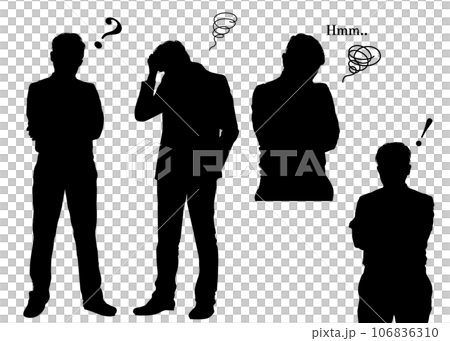Doubts about business scenes, hazy, inspirational, worried pose male silhouette, whole body, upper body illustration set 106836310