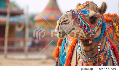 Beautiful decorated camel smiling. Generative AI 106836909