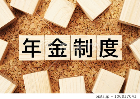 年金制度　木製キューブのビジネス用語素材 106837043