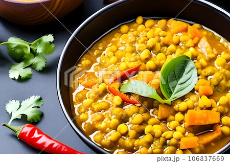 Indian Dhal spicy curry in bowl, spices, herbs, rustic black background. Generative AI 106837669