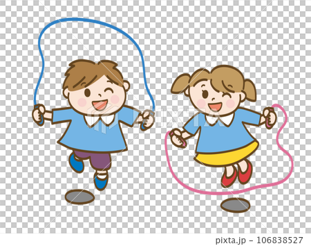 Boy and girl jumping rope together_Brothers and sisters of nursery school children Boy and girl jumping rope together_Brothers and sisters of nursery school children 106838527