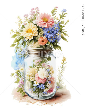 Flowers in glass jar watercolor 106841249