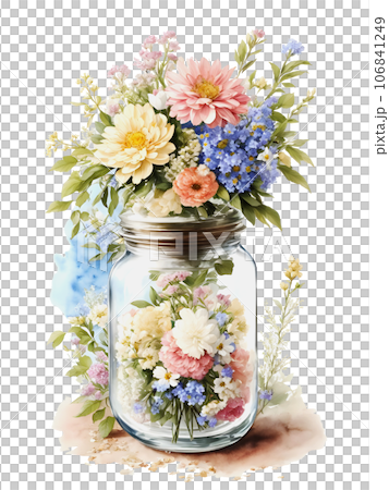 Flowers in glass jar watercolor 106841249