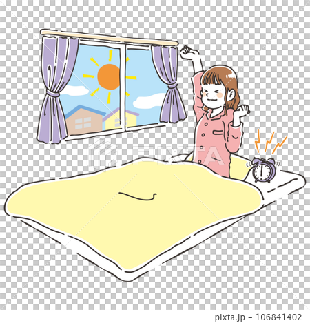 一位年輕女子早上在蒲團上醒來，神清氣爽 106841402