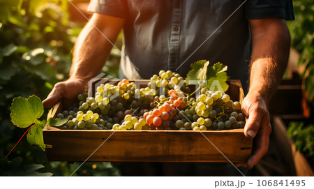 A wooden box filled with freshly harvested fruits and vegetables, Generative Ai 106841495