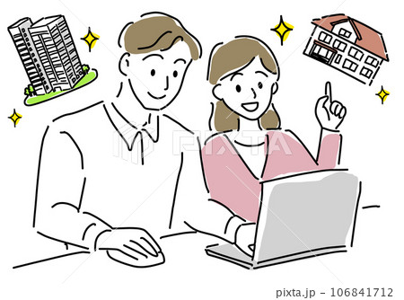 住宅の購入について検索する若い夫婦のシンプル線画 106841712