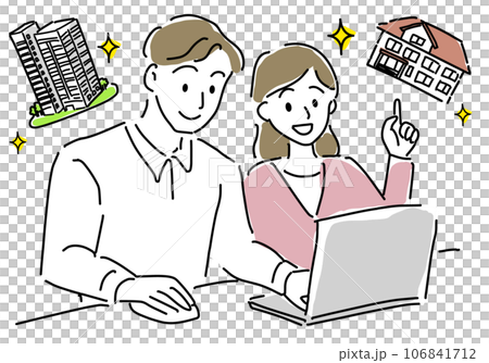 住宅の購入について検索する若い夫婦のシンプル線画 106841712