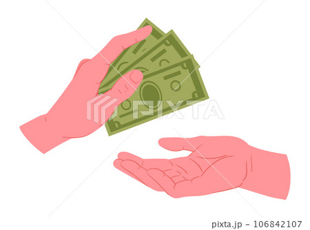 Hands with money. Cartoon hand put dollar bills to another hand, donation, payment or savings concept flat vector illustration 106842107