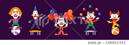 Bright Clown Character in Circus Costume Vector Set Bright Clown Character in Circus Costume Vector Set 106842341
