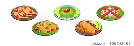 Bright Mexican Food and Dish Served on Plate Vector Set 106842402
