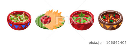Bright Mexican Food and Dish Served on Plate Vector Set 106842405
