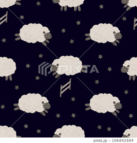 Seamless pattern with Cute cartoon baby Sheep jumping over the fence. Good night. Counting sheep for insomnia. Endless background in scandinavian style with magical stars. Digital illustration for 106842884