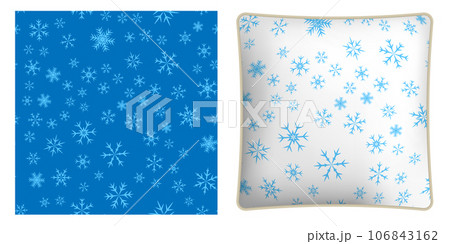 Square decorative pillow, bedroom accessory decorated winter snowflakes. Six pointed fluffy snowflakes symbol of winter weather. Vector ornament for design of posters and printing on textile 106843162