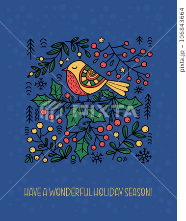 Christmas greeting card. Folk Art Bird with berries, holly on blue background. Vector vertical illustration. Xmas folk design. 106843664