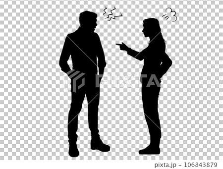 指差しで喧嘩する女性とポケットに手を入れて言い返す男性の全身横向きのシルエット 106843879