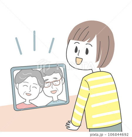 タブレットでビデオ通話する祖父母と孫 タブレットでビデオ通話する祖父母と孫 106844692