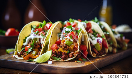 Mexican food - delicious taco shells with ground beef and home made salsa 106844751
