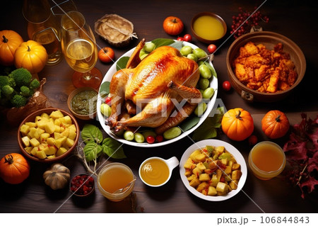 Traditional homemade roasted Thanksgiving Day turkey dinner. Top-view table scene on a dark wood banner background. Turkey, mashed potatoes, dressing, pumpkin pie, and sides Traditional homemade roasted Thanksgiving Day turkey dinner. Top-view table scene on a dark wood banner background. Turkey, mashed potatoes, dressing, pumpkin pie, and sides 106844843