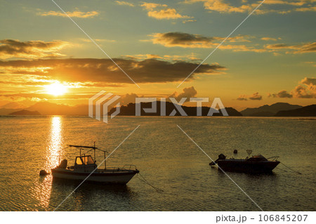 毛嵐流れる冬の瀬戸内の漁港に昇る朝陽 106845207