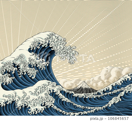 Japanese Great Wave Sea Japan Engraved Art Design - Stock