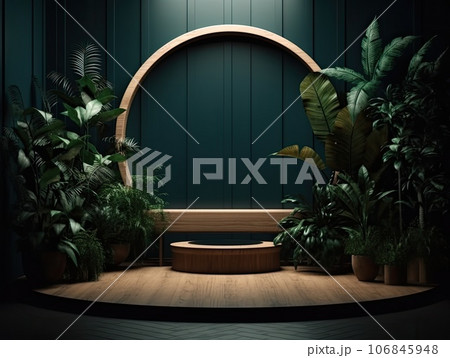 Green podium in modern tropical background for product placement 3d render. AI Generative 106845948