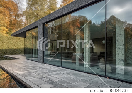 Design house - modern villa with open plan living and private bedroom wing. Large terrace with privacy and, swimming pool. Generative AI. Design house - modern villa with open plan living and private bedroom wing. Large terrace with privacy and, swimming pool. Generative AI. 106846232