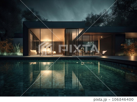 Design house - modern villa with open plan living and private bedroom wing. Large terrace with privacy and, swimming pool. Generative AI. 106846400