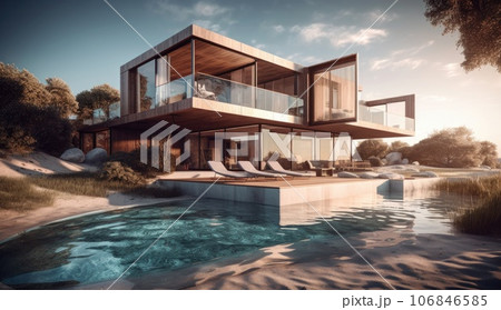 Design house - modern villa with open plan living and private bedroom wing. Large terrace with privacy and, swimming pool. Generative AI. 106846585