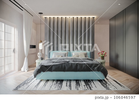 Modern Luxury Bedroom with powder blue Color. 3D Illustration Render 106846597