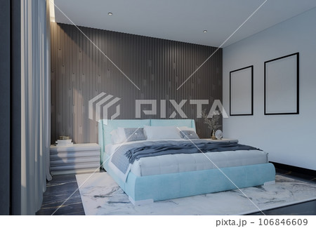 Modern Luxury Bedroom with powder blue Color. 3D Illustration Render Modern Luxury Bedroom with powder blue Color. 3D Illustration Render 106846609