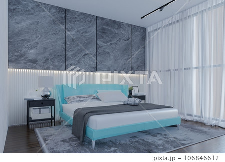 Modern Luxury Bedroom with powder blue Color. 3D Illustration Render 106846612