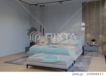Modern Luxury Bedroom with powder blue Color. 3D Illustration Render Modern Luxury Bedroom with powder blue Color. 3D Illustration Render 106846615