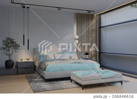 Modern Luxury Bedroom with powder blue Color. 3D Illustration Render Modern Luxury Bedroom with powder blue Color. 3D Illustration Render 106846616
